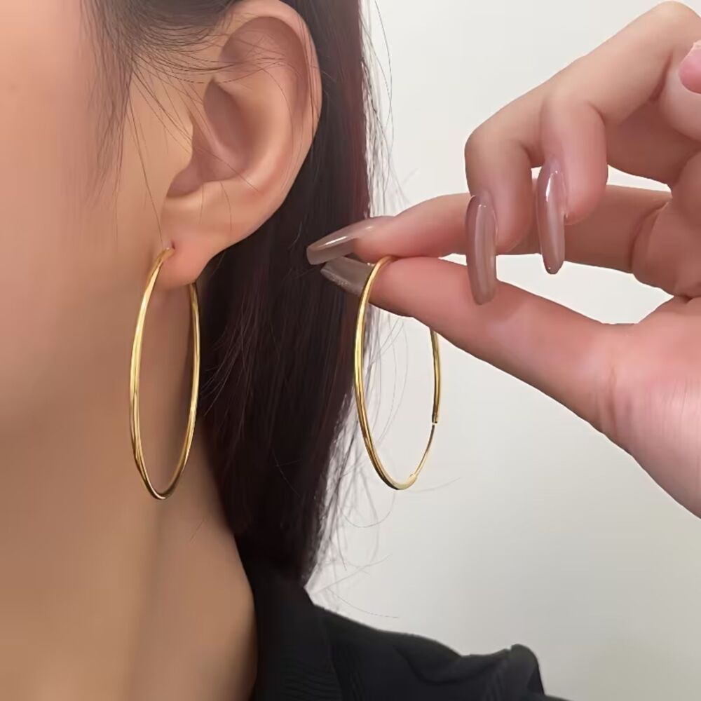 Gold Thin Large Hoop Earrings 2" Skinny Round Hoops Everyday Secure Back Womens